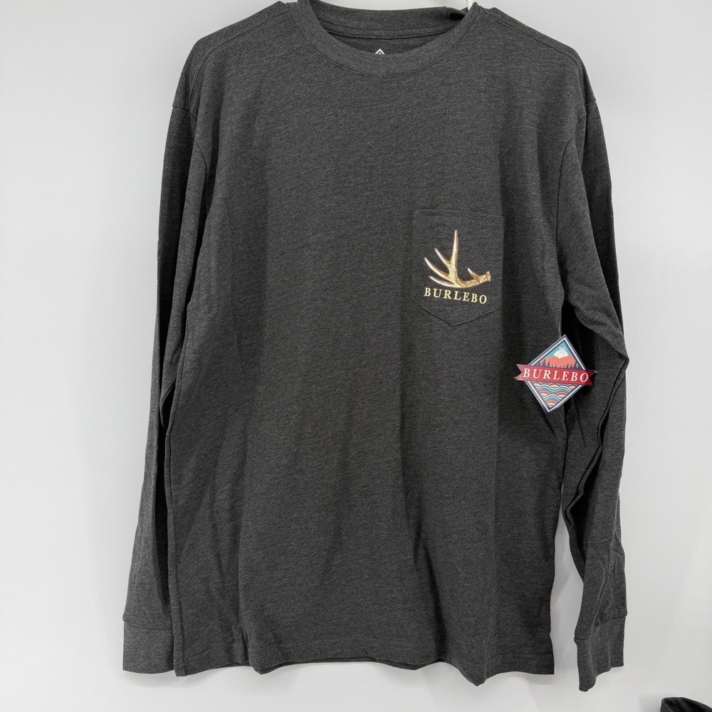 NWT Burlebo T-Shirt Mens M Charcoal Gray Long Sleeve Crew Deer Hunting Pocket - Picture 2 of 10
